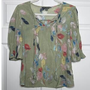 Sharagano Floral Print Puff Sleeve Blouse Top Women's Size S Green Tie Neckline